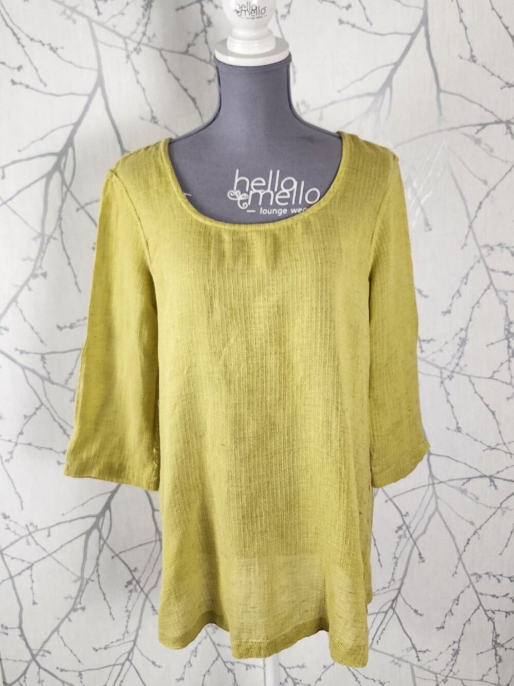 Flax Yellow Linen Cotton Blend Round Neck Pleated Back Top